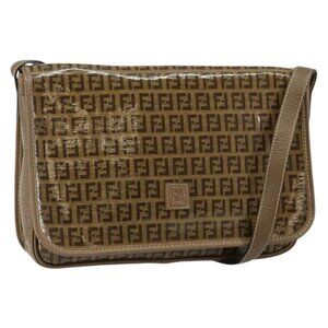 Authentic FENDI Zucchino Canvas Shoulder Bag Beige Gold